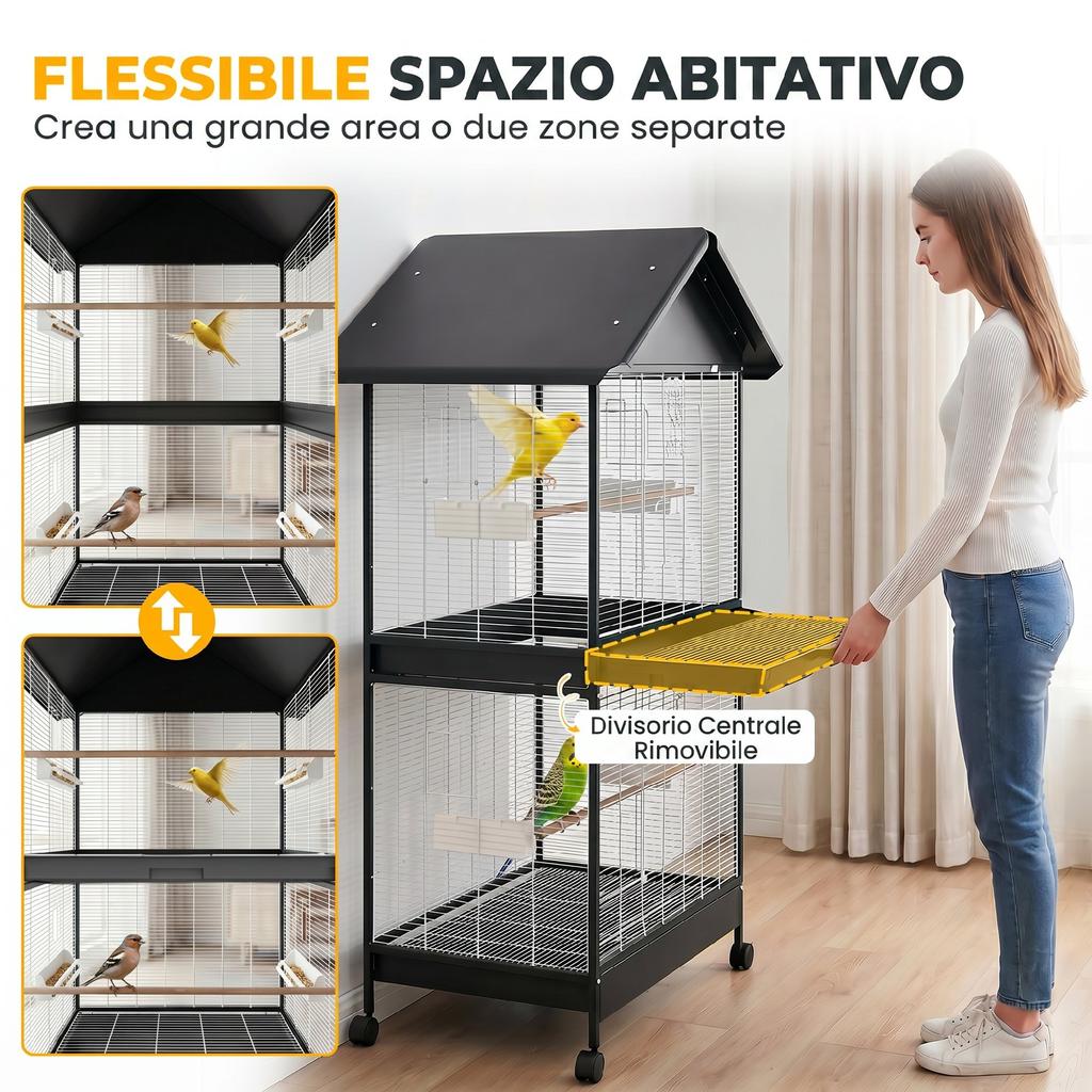 Large Bird Cage with Wheels, Removable Tray, Perches, Roof, Parrots, Canaries, Black