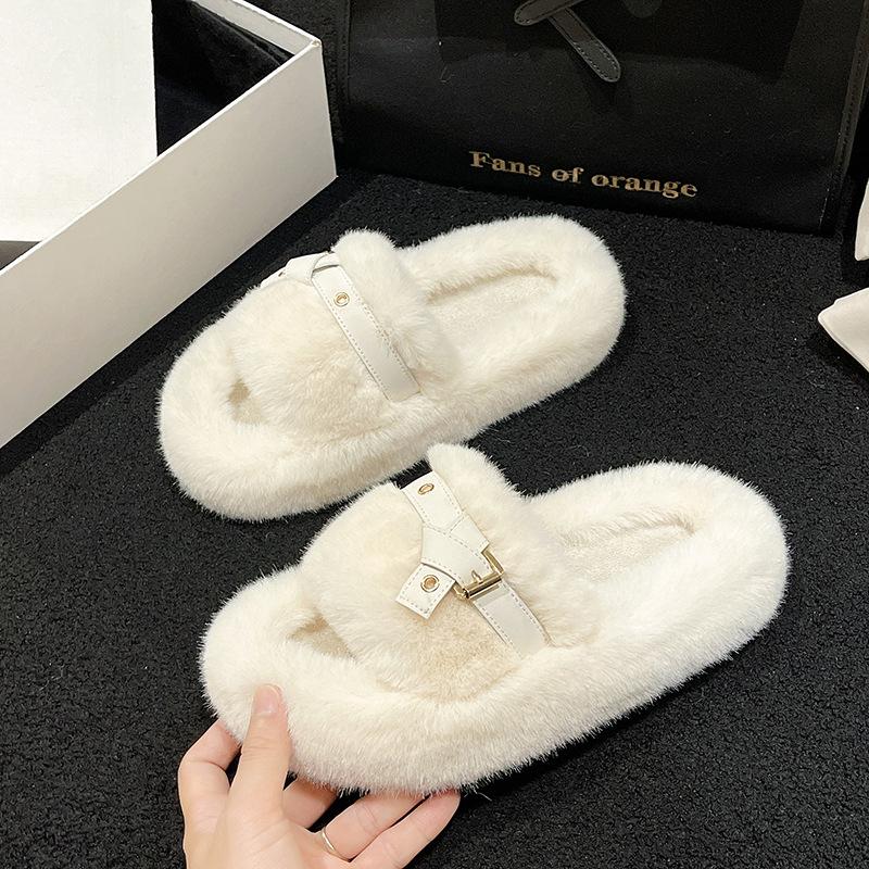 Internet celebrity slippers women wear 2025 autumn and spring new cotton drag super fire versatile plush explosion thick bottom fluffy slippers