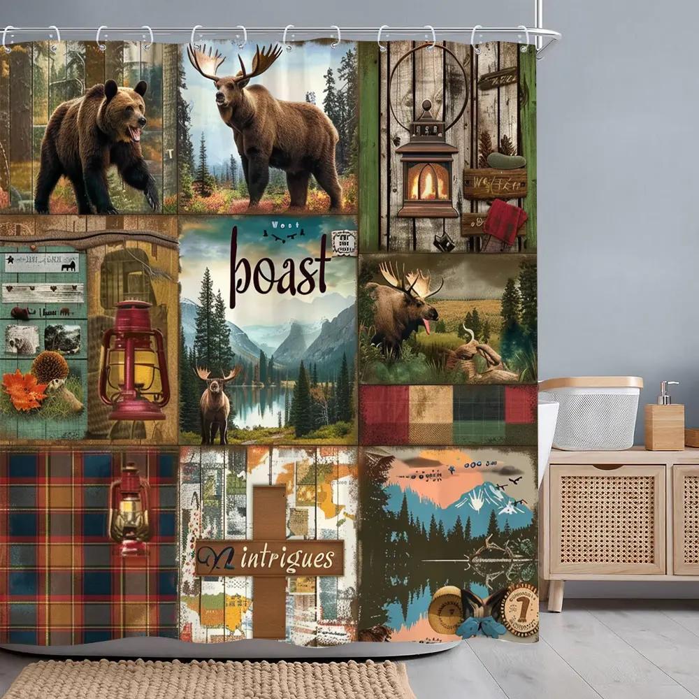 Vintage Lattice Outdoor Camping Shower Curtain Bear Deer Forest Rustic Wooden Panels Shower Curtains Bathroom Decor With Hooks