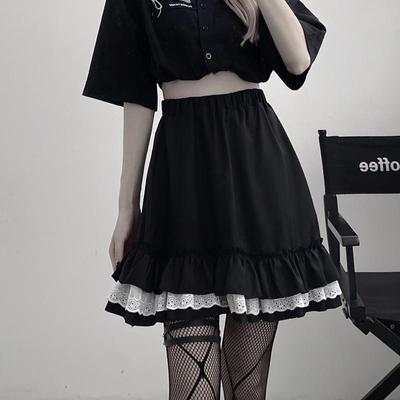 Kurzer Rock Dark Gothic Studentin A-Linie Faltenrock Hohe Taille Rock Spitze