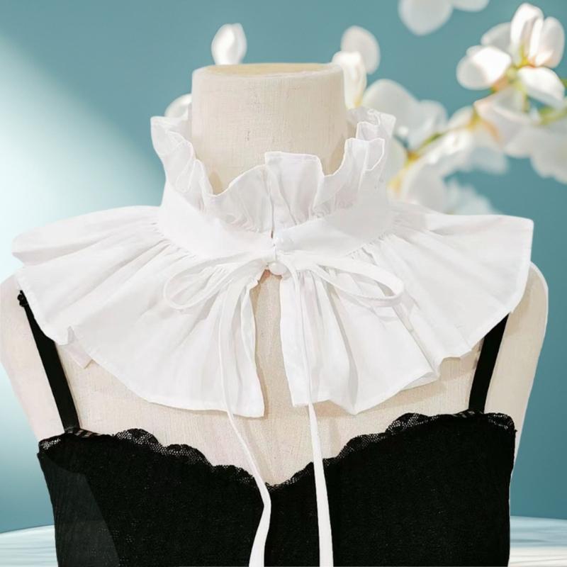 Vintage Ruffle Stand False Collar with Ribbon Tie for Women Victorian Detachable Neck Ruff Decorative Shawl Cape Boleros