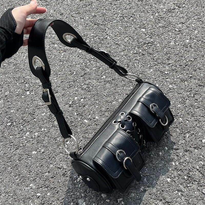 High-end Design Niche Hot Girl Bag Woven Double Pocket Cylinder Bag Underarm Bag Versatile Motorcycle Style Crossbody Bag