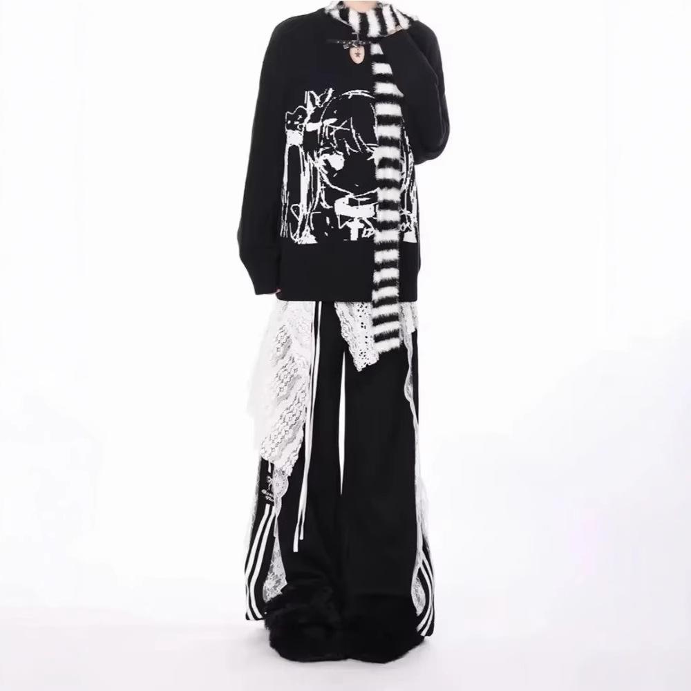 Dámské Y2K Sladké Široké Nohavice Elastický Pas Stahovací Šňůrka Volné Kapsáče Vintage Street Krajkový Pruhovaný Potisk Černé Ležérní Kalhoty