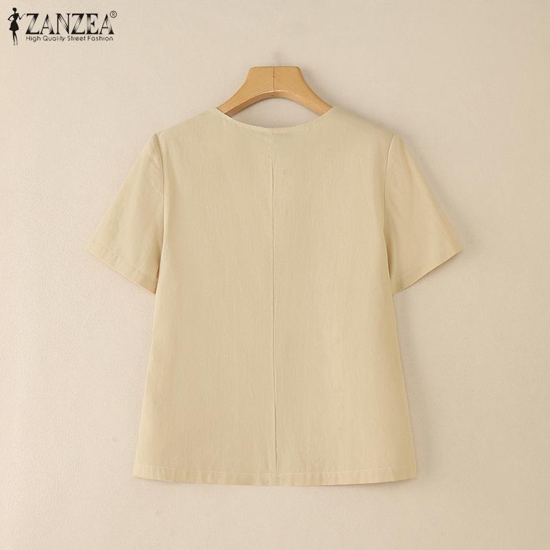 ZANZEA Women Casual Round Neck Loose Summer Cotton Short Sleeve Blouse