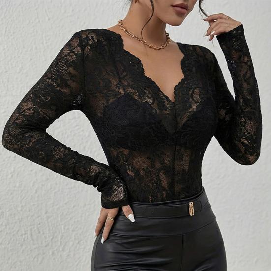 Women Tops V-Neck Long Sleeve Hollow Embroidery Lace Design Pullover Tops Pure Color Slim Fit Mesh Detail Blouse Daily Wear