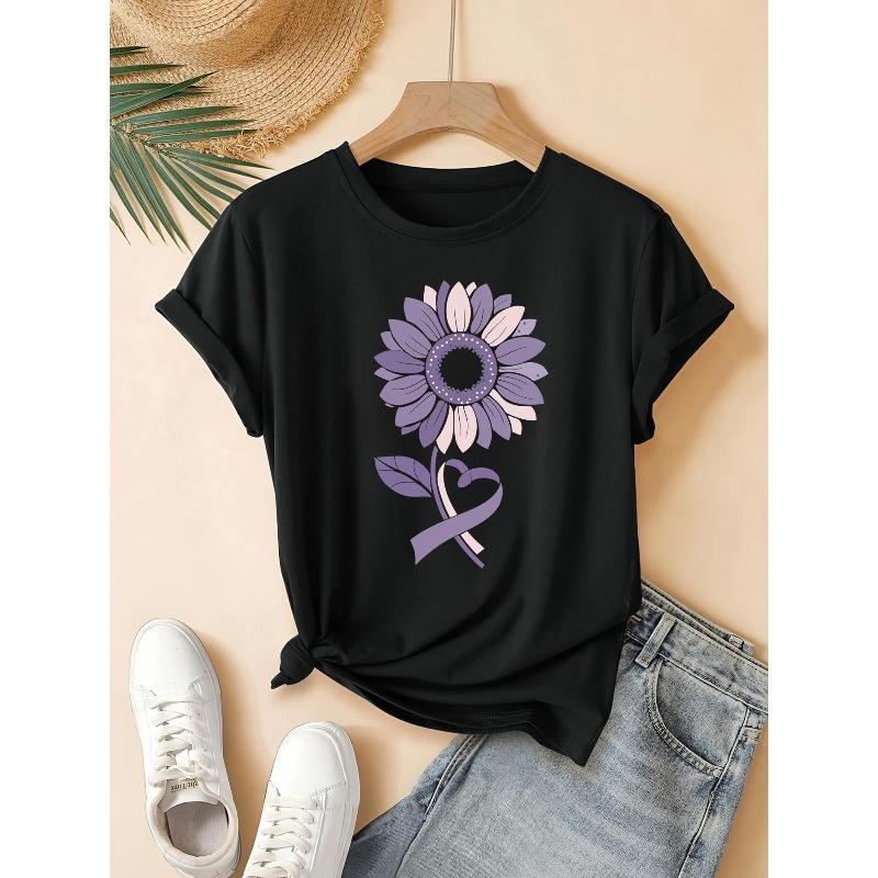 

Summer 2026 New Sunflower & Heart Print T-Shirt - Short Sleeve Round Neck Casual Blouse, Korean Style Spring Summer Outfits 4XL чорний