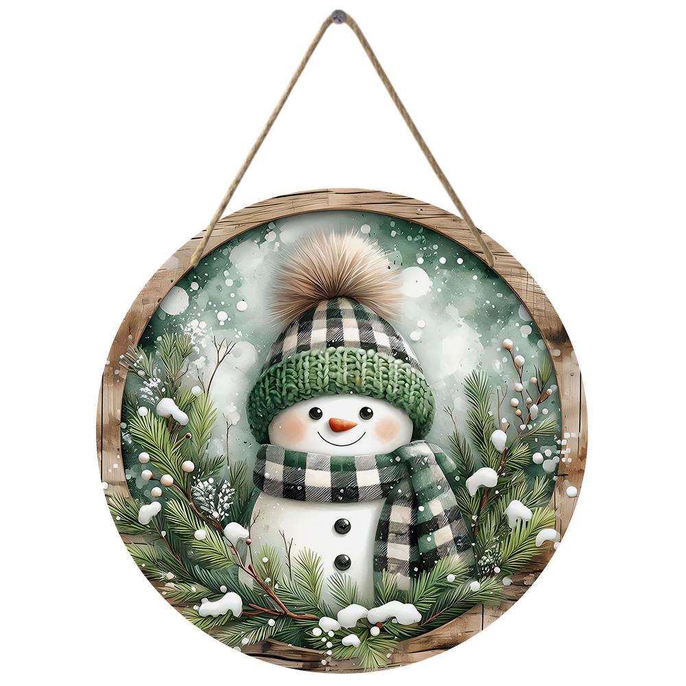 Rustic Farmhouse Snowman Print Round Wooden Hanging Plaque Winter Pine Wreath Wall Decor Front Door Hanging Sign Indoor Outdoor Holiday Decoration