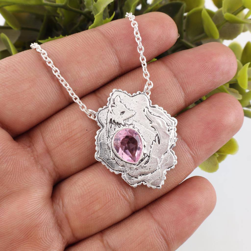 Morganit Anhänger, handgefertigter Edelstein 925 Sterling Silber Anhänger Antiker Schmuck, Verlobungsgeschenk