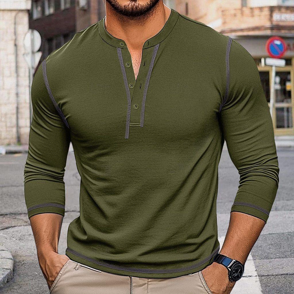 Mens Vintage Color Block Long Sleeve Crew Neck Henley T Shirt Casual Top