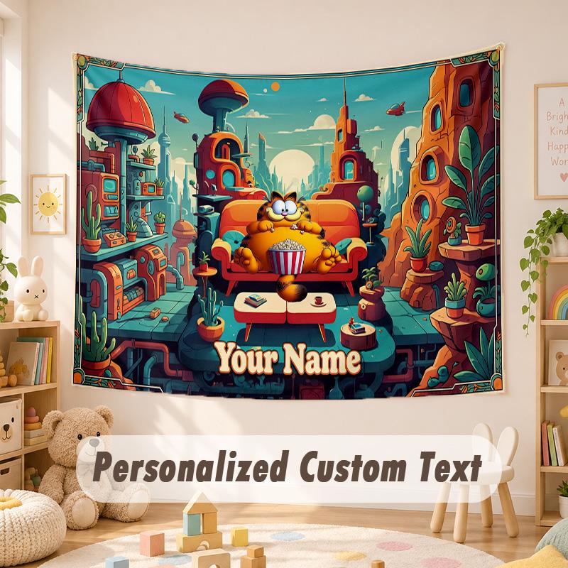 Custom Name Text Tapestry,Garfield Boho Wall Hanging, Decorative Backdrop Tapestry For Room