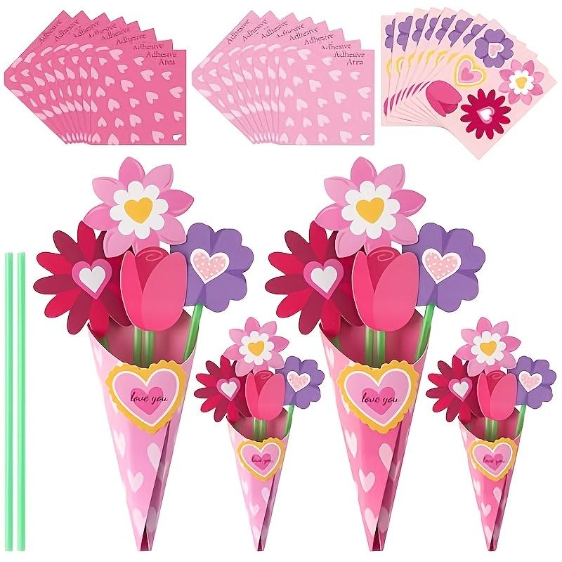74 Mixed Packs Valentine's Day Pink Bouquet Card Handmade Set Including 50 Pipes and 12 Flower Cardboard Love Cardboard Bouquet Handmade Set