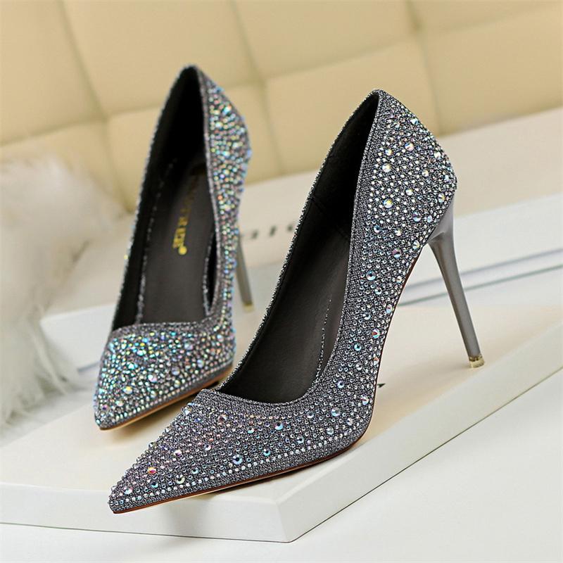 Fashion Shallow Mouth Pointed Color Rhinestone Pumps Fashion Wedding Party Women Sweet Pump Stiletto Thin High Heel Single Shoes