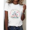 European Size Women's White T-Shirt - Pastel Pink & Blue Floral Castle Print -Soft Everyday Tee for Birthday Party Outfits, Princess Fans - Casual Top