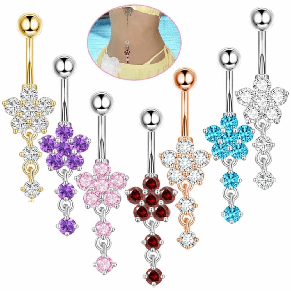 Rhinestone Flower Pendants Belly Button Ring Stainless Steel Body Piercing Jewelry  Gift