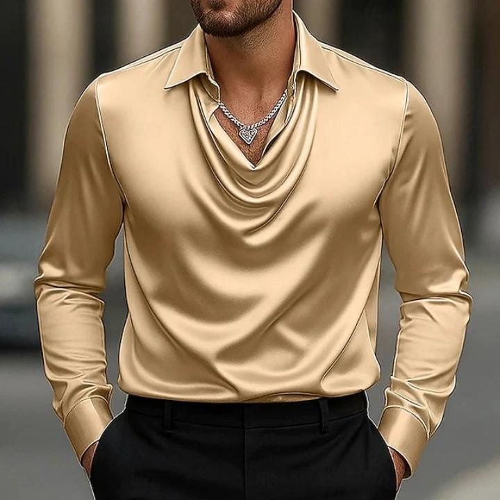 Casual Heren Satijn Zijde Dress Shirts Lange Mouw Sociaal Single Breasted Knoop Turn-Down Kraag Shirts Bruiloftsfeest Herenkleding