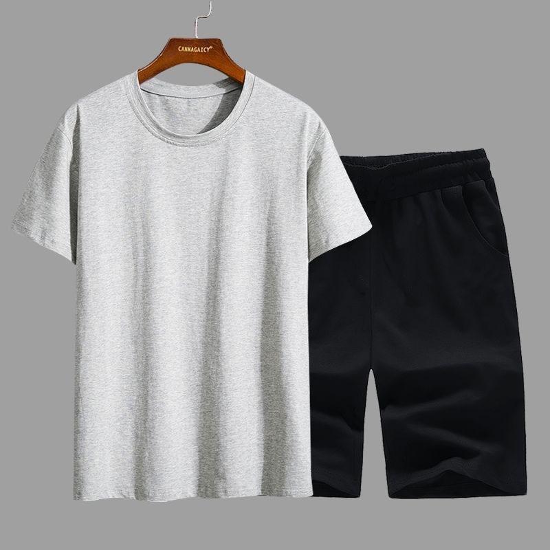 Men's Sports Suit Summer Solid Color Simple Loose Short-sleeved Shorts Two-piece Suit