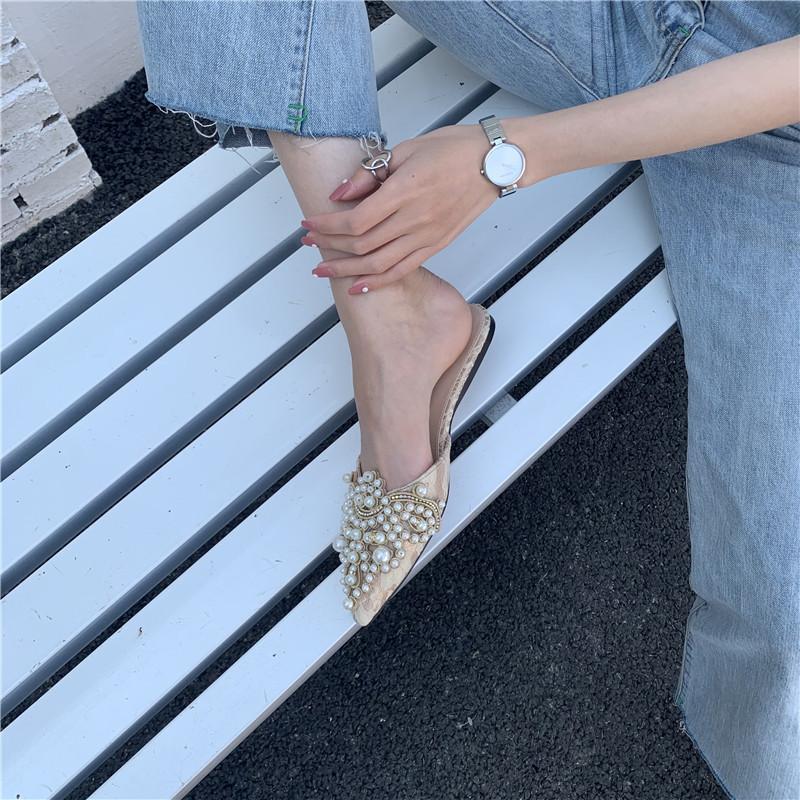 

Остроносые женские летние полусабо с жемчугом и стразами, сексуальные шлепанцы-сандалии на плоской подошве, большие размеры 40-43 43 абрикосовый