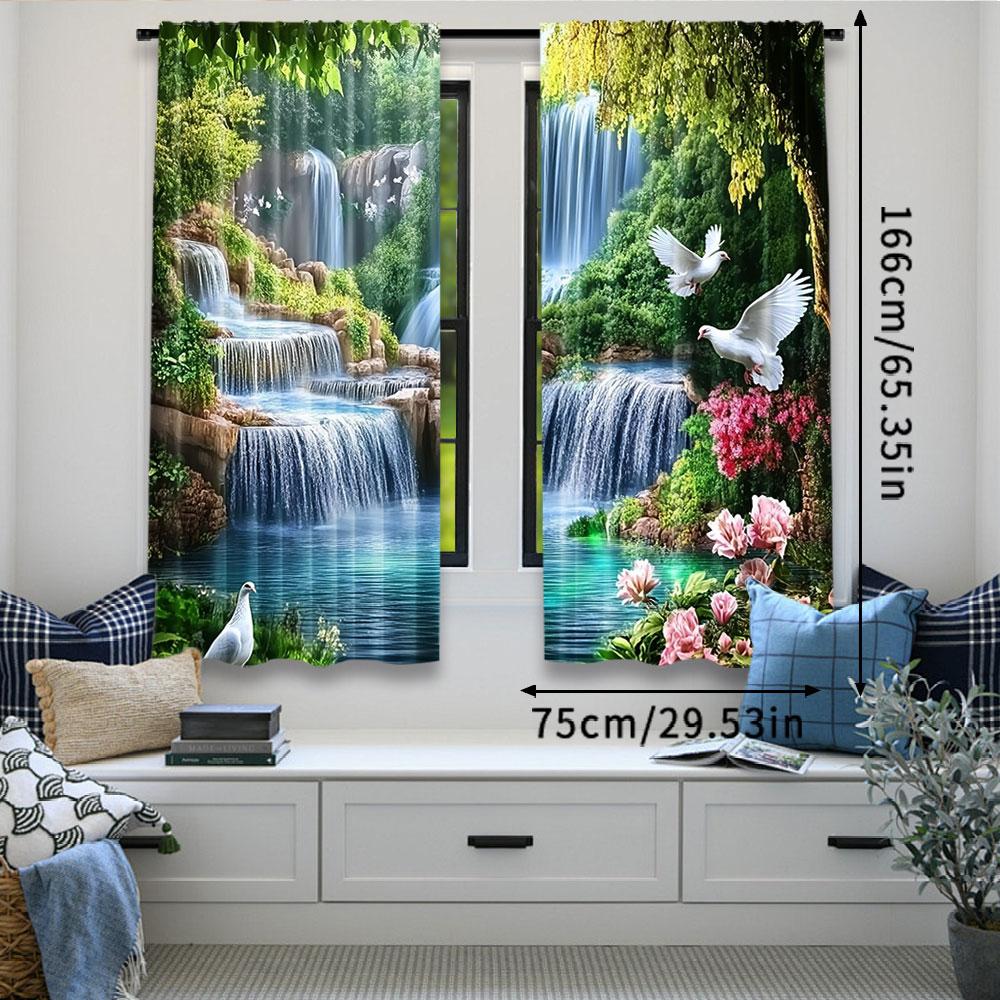 2Pcs Beautiful Forest Waterfall Landscape Curtain Vivid Nature Curtain Suitable For Bedroom Bathroom Living Room Dining Room