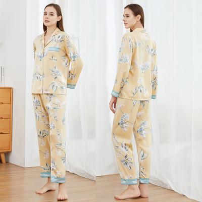 Yellow Printed Casual Lounge Wear Satin Long Sleeve Pants 2 Piece Pajamas Sexy Ladies Lapel Intimate Lingerie Pajamas