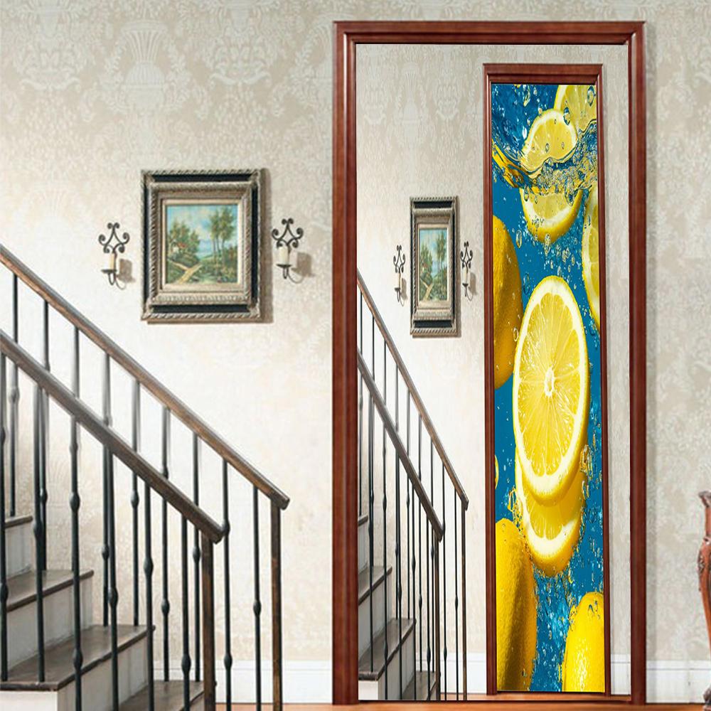 Fruit Lemon Door Stickers 3D Removable Vinilos Para Puertas Adhesive Wallpaper Art Murals for Doors Bibliotheque Modern Home Decor