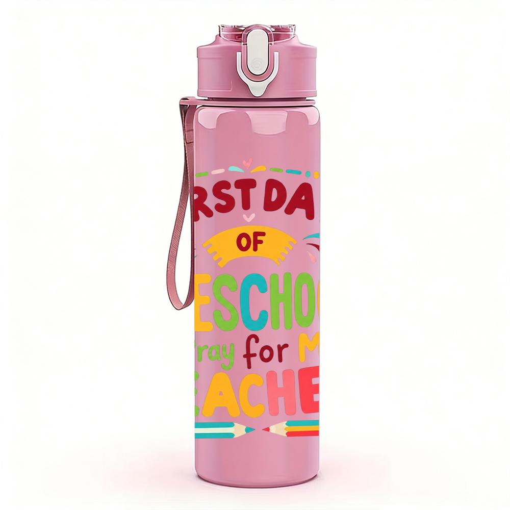 1PC Preschool Teacher Letter Print 750ml Color Plastic Water Bottle Leakproof Flip Straw Lid For Sports Office Home Use