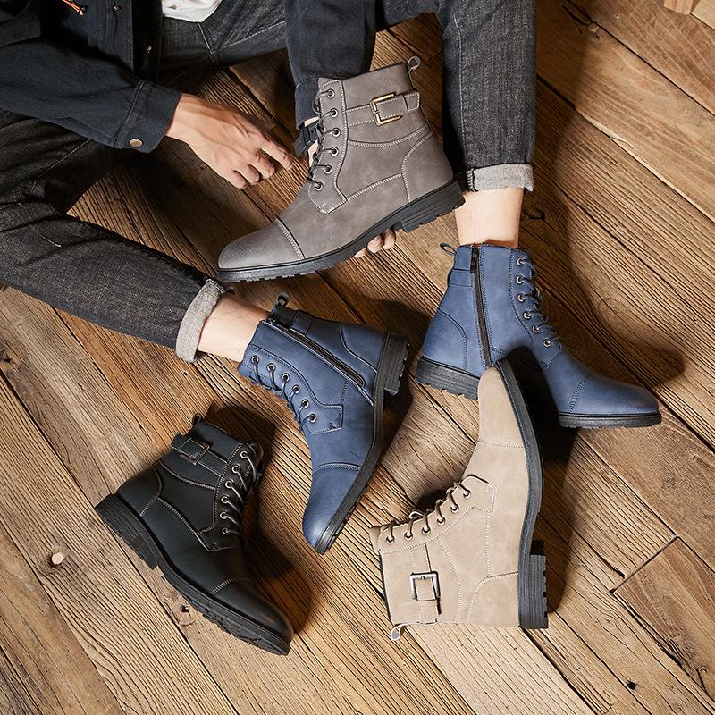 Pánské kožené boty Martin v britském stylu s protiskluzovou podrážkou, 2024: Retro šněrovací vysoké boty s kulatou špičkou pro podzim a zimu