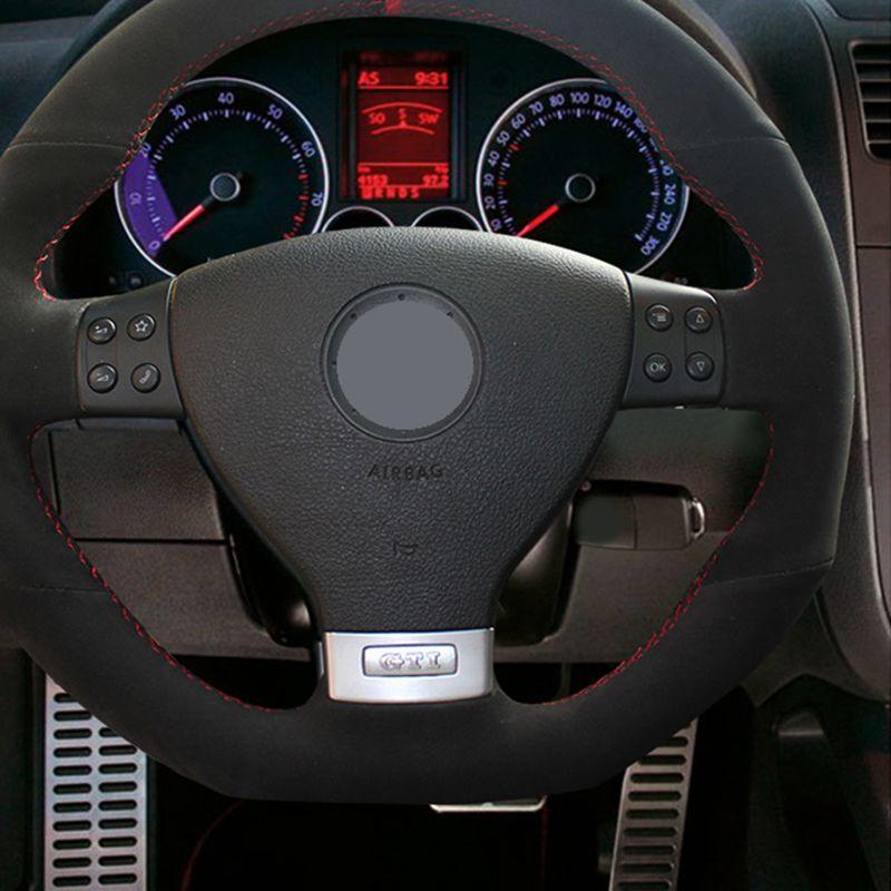 Hand-gestikt Zacht Zwart Suede Auto Stuurhoes Voor Volkswagen VW Golf GTI 5 V R32 Scirocco Tiguan passat Variant