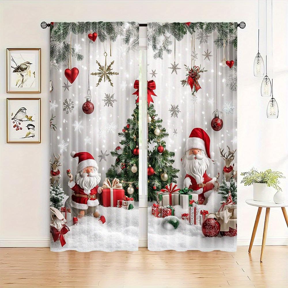 2pcs/Set Festive Red Christmas Ball And Green Leaf White Snow Pattern Print Curtains - Perfect For Living Room, Bedroom, Kitchen