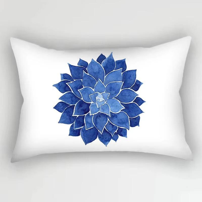 Blue Ink Flowers and Leaves Stripes Pattern Print Decoration Bedroom Living Room Office Home Rectangle Pillowcase