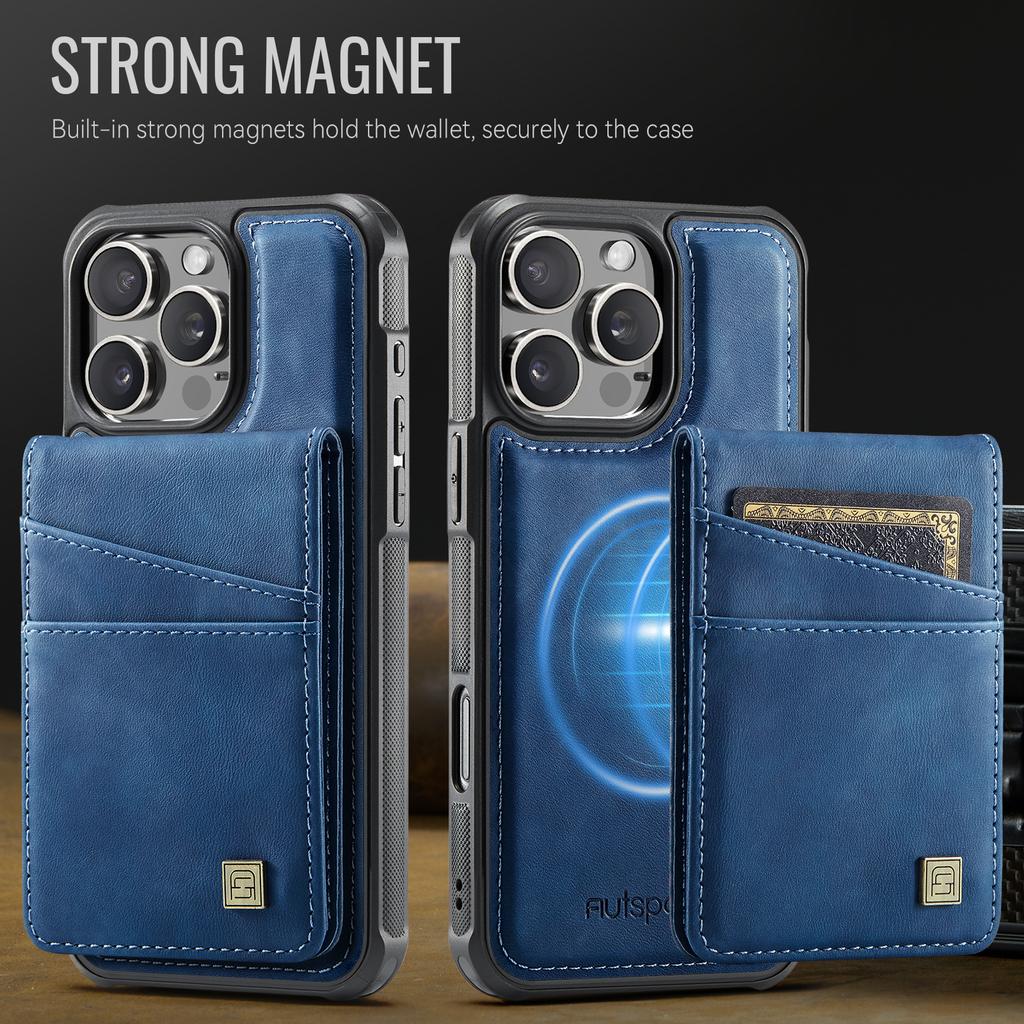 For iPhone 16 Pro Max Case AUTSPACE A12 Leather Back Cover with Magnetic Detachable Card Bag Kickstand