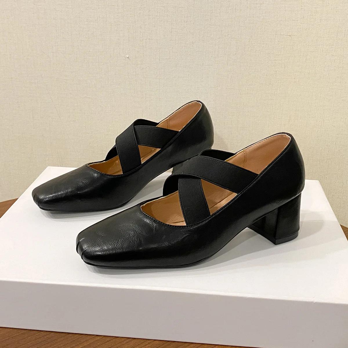 

Женские туфли-лодочки на толстом среднем каблуке с перекрещивающимися эластичными резинками, балетки женские, винтажные, с квадратным носком, бордовые туфли-лодочки, весна-осень, каблуки женские 39 чёрный