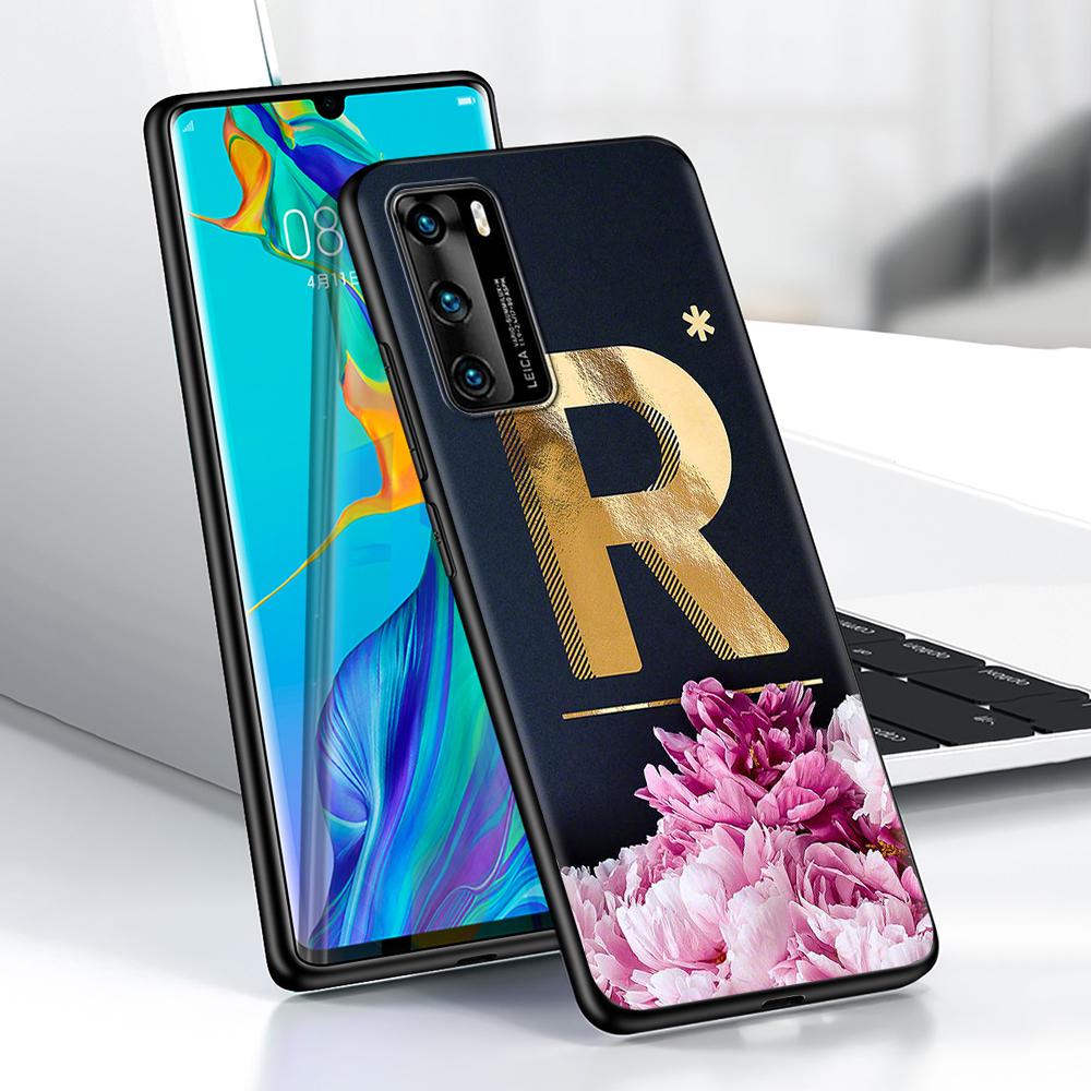 Golden Letter Flower Case for Huawei P30 P Smart Z P40 Lite E P20 Y6 Y7 Y9 2019 Honor 8X Play 9A 50 20 9X Pro Black Soft Cover