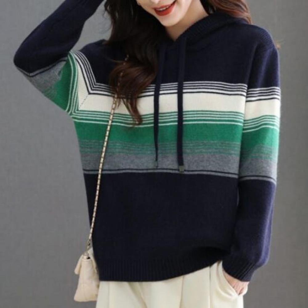 Navava Men Loose Fit Striped Color Block Long Sleeve Hoodie Knit Top Nk3389