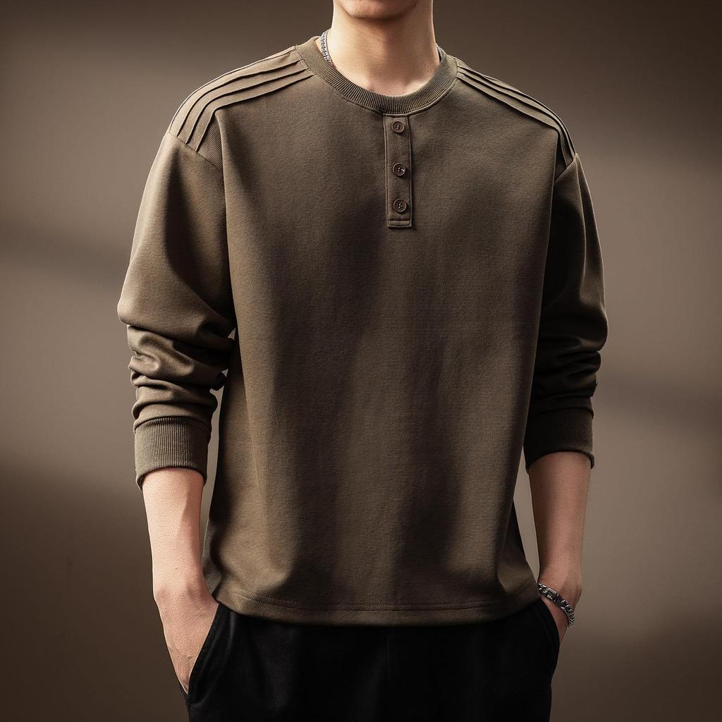 Luxury 300g Heavyweight Men's Henley Collar Pleated Hoodie - Autumn American Trend T-Shirt with Long Sleeves