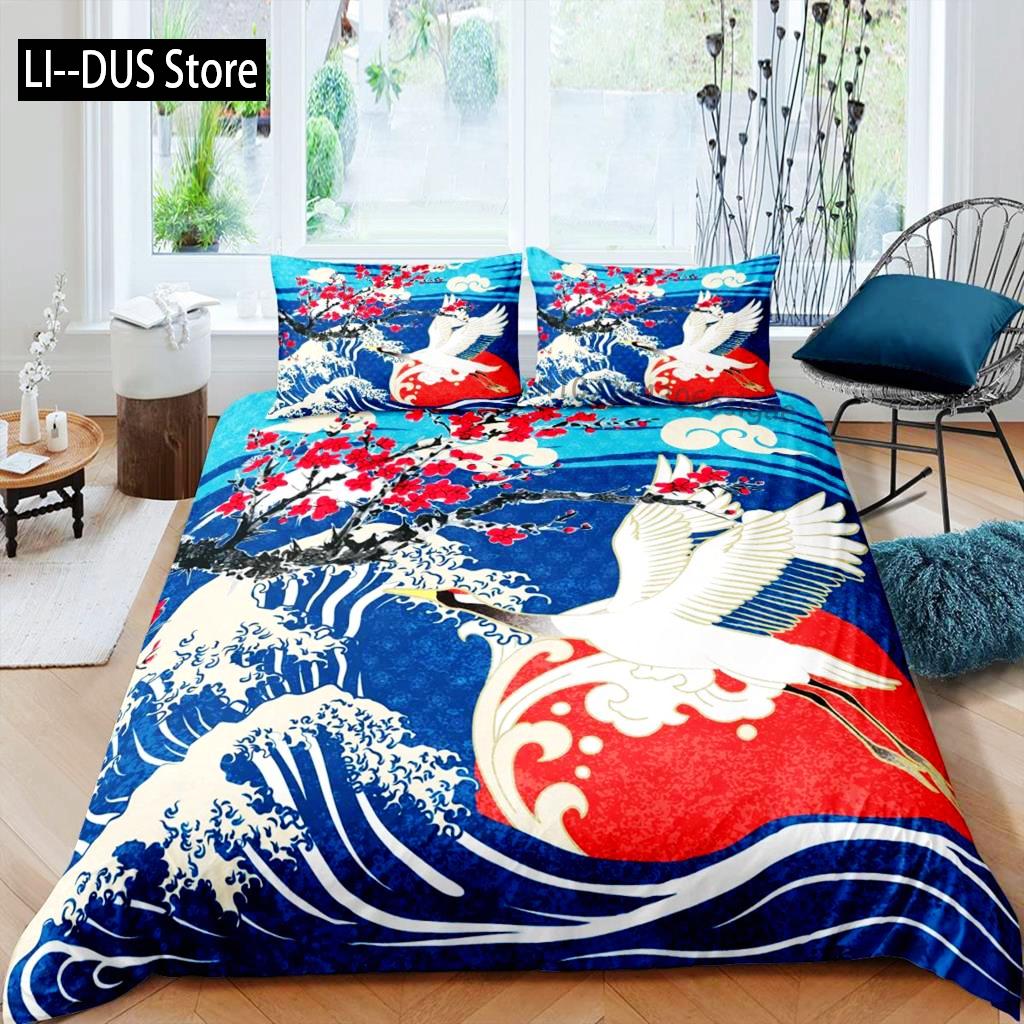 Comforter Crane Queen Size Japanese-Style Bedding Set Cherry Blossoms Pattern Women Girls Japanese Traditional