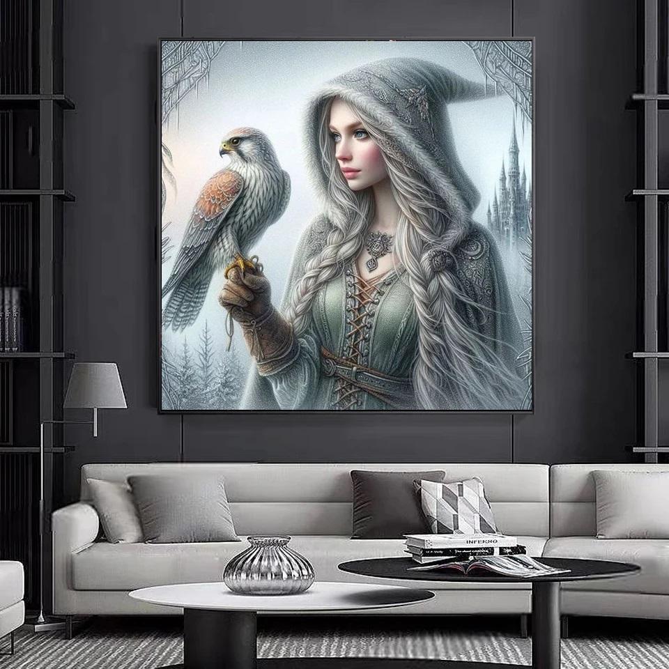 DIY Diamond Painting New 2024 Cross Stitch Kit Gothic Style Woman and Parrot Mosaic Diamond Embroidery Home Decoration
