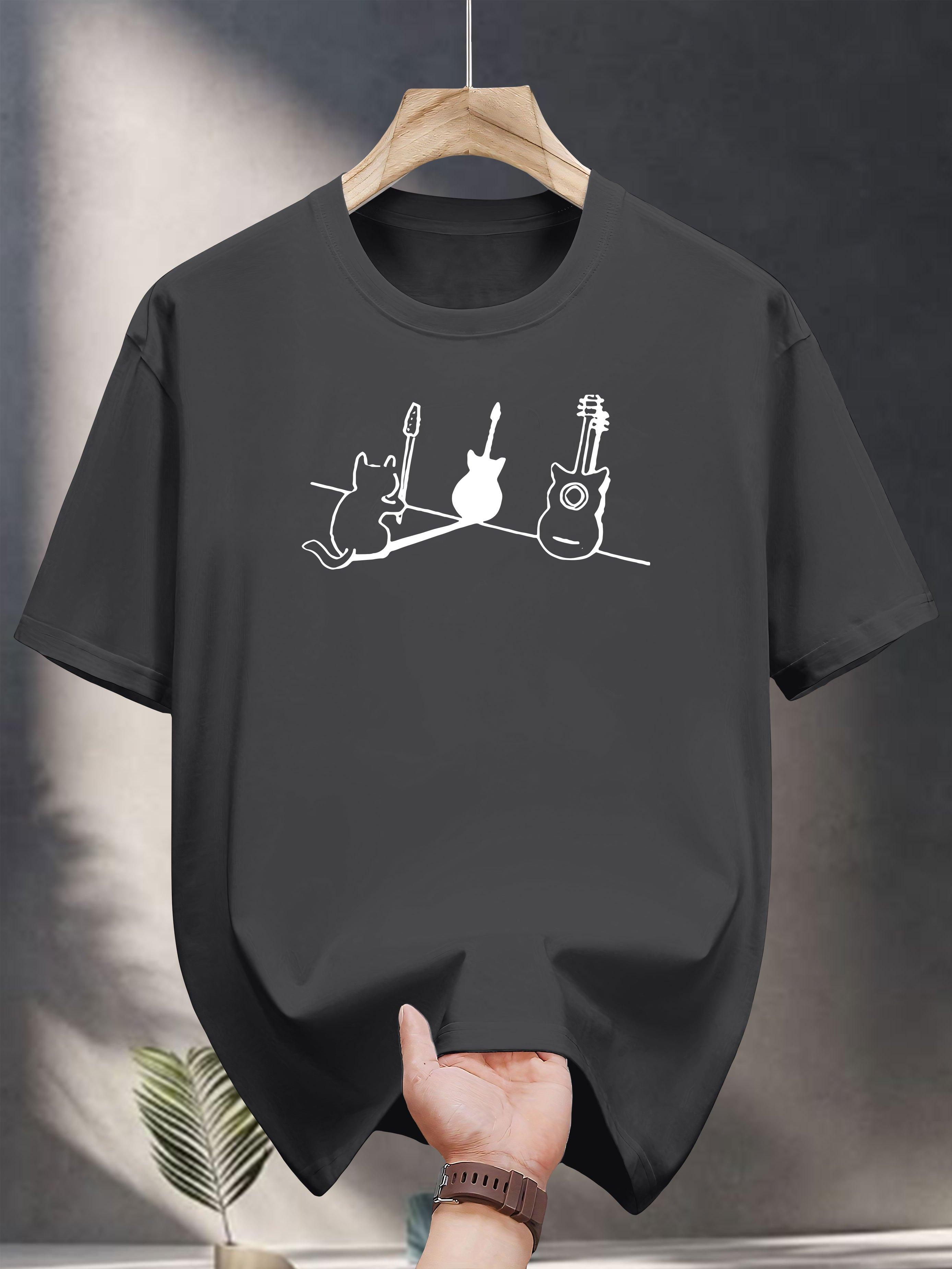 T-shirt with Playful Cat & Guitar Graphic Print - Black Casual Summer Tee S