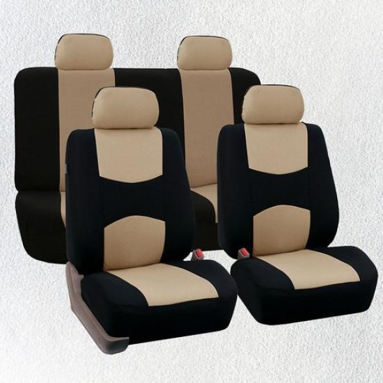 

Full Set Beige Car Seat Cover Polyester Fabric Front Rear Seat Protector Mat RC