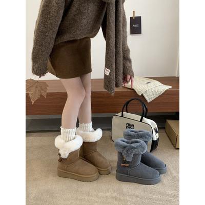 Graue Schneestiefel Damen Wintermode dicke Sohle aufgeschichtet verdickt mittleres Rohr Schnee Baumwollstiefel Baumwollschuhe