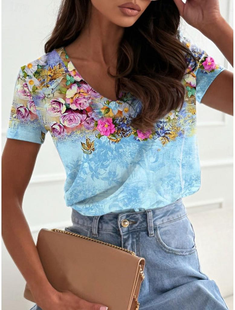 Sommer Neues Damen-T-Shirt Y2k Damen-T-Shirt 3D Farbverlauf Blumenprint V-Ausschnitt Kurzarmhemd Mode Damen T-Shirt Kleidung