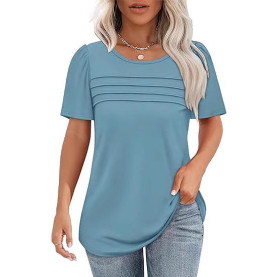 Women Summer T-shirt Round Neck Short Sleeve Tee Shirt Solid Color Lines Texture Loose Fit Pullover Tops Daily Wear