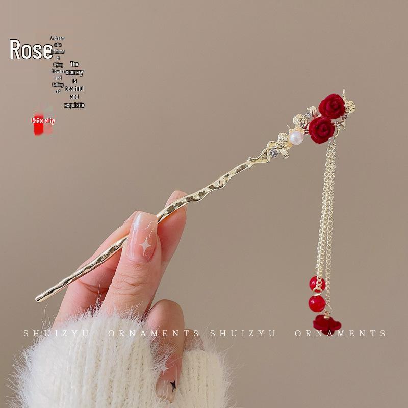 Elegancka spinka do włosów Hanfu z kwiatem: Wysokiej klasy potrząsanie krokami z frędzlami do upięcia