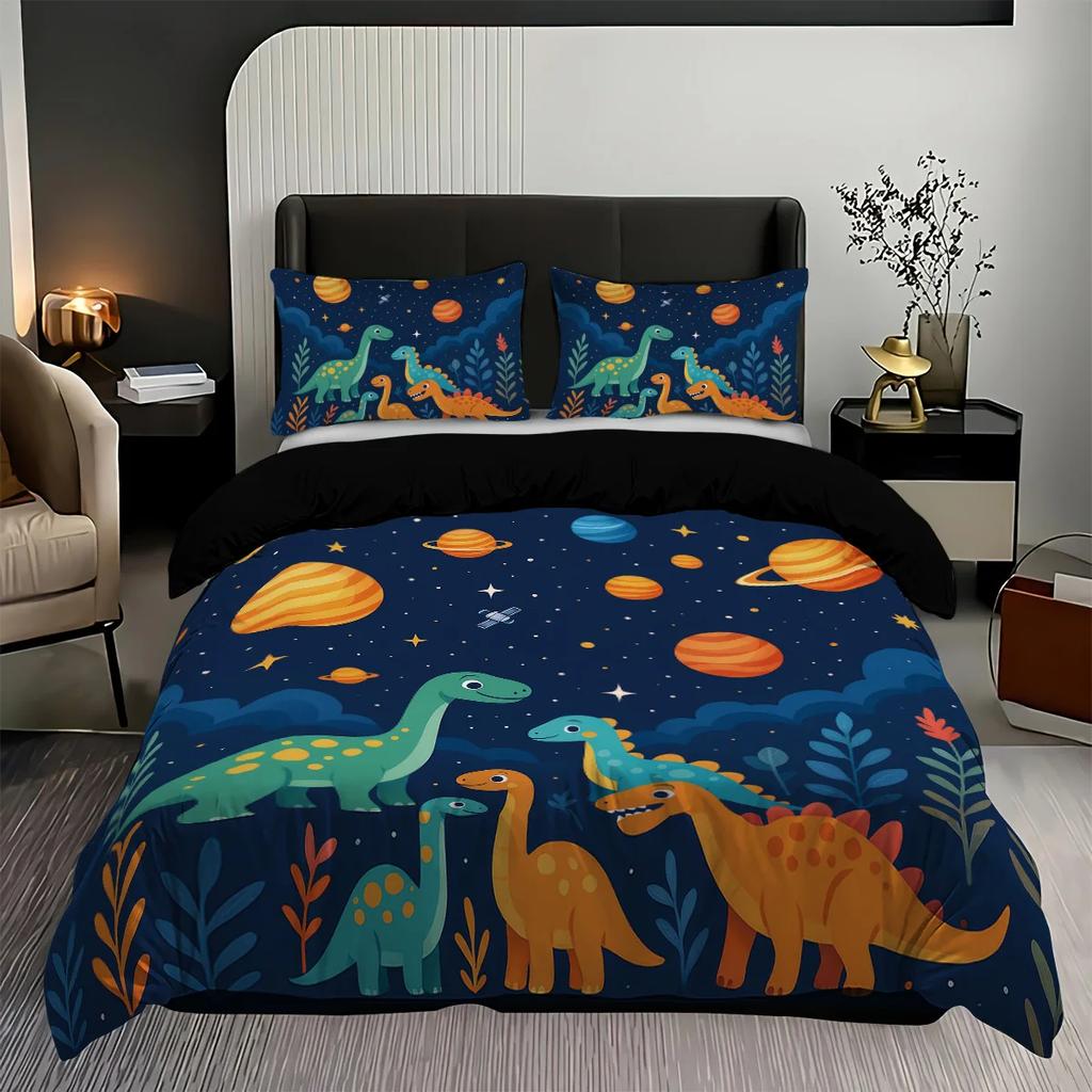 3pcs Cartoon Dinosaur Pattern Printed Bedding Set 1*quilt Cover+2*pillowcase Suitable for King Bed Single Bed for All Seasons