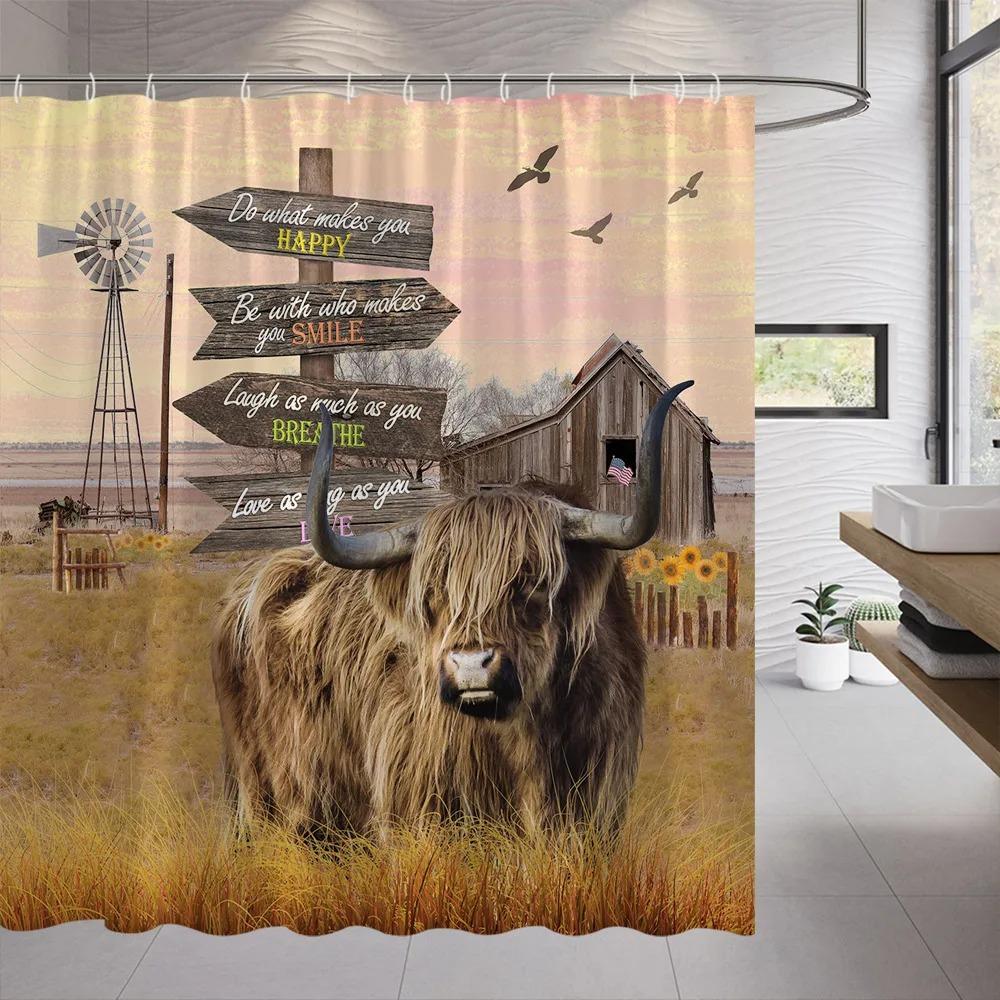 Funny Farm Cow Shower Curtain Rustic Wooden Door Highland Cow Wooden Panel Lavender Flower Cloth Hanging Curtains Bathroom Decor