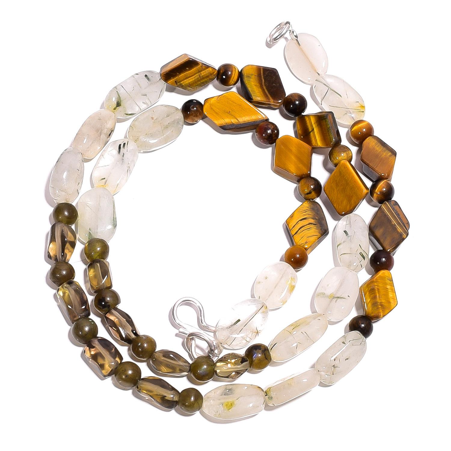 

Natural Tiger Eye Smoky & Rutile Quartz Gemstone Beads Necklace 17 UB-4049 UB-4049
