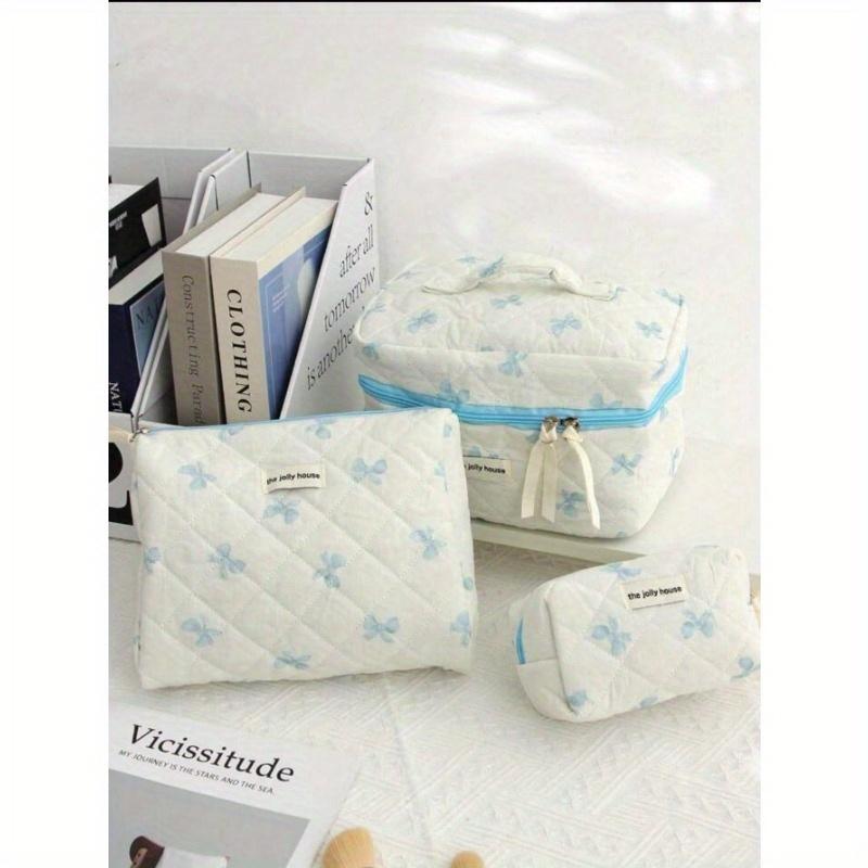 Cute Pink Bow Print Travel Cosmetics Bag, Multi-Function Cosmetics Handbag Purse Bag Portable Cosmetics Brush Storage Handbag