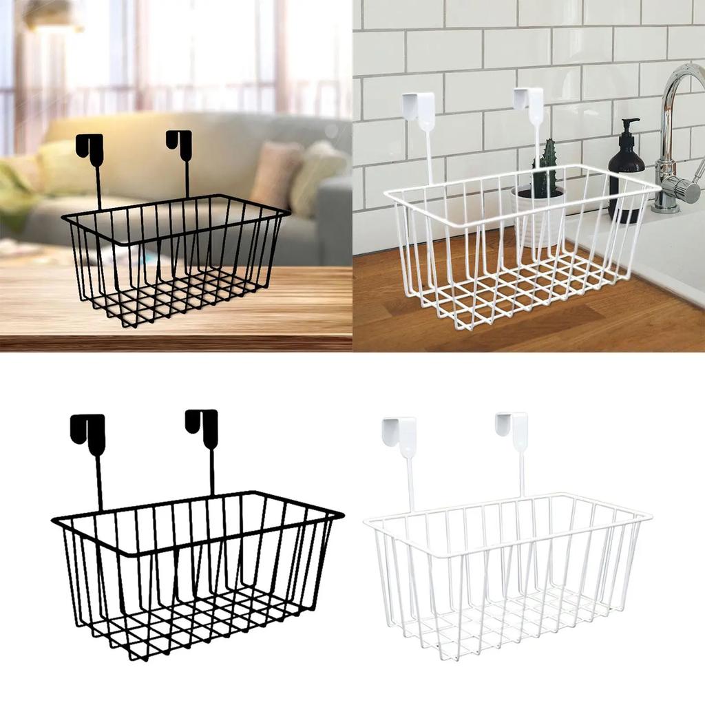 over Cabinet Door Organizer Basket Multifunctional Wire Storage Bins Grid Storage Baskets with Hooks for Dormitory on A Railing
