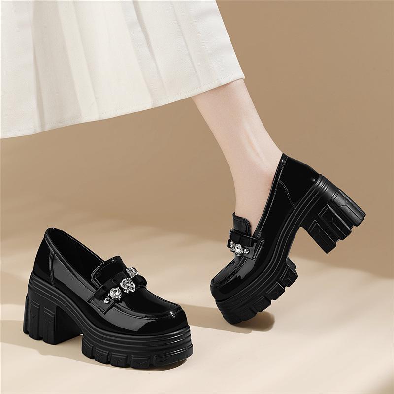 British Style Thick-heeled Small Leather Shoes Women's Versatile CM Thick-soled Early Spring Single Shoes Black Patent Leather Platform Loafers
