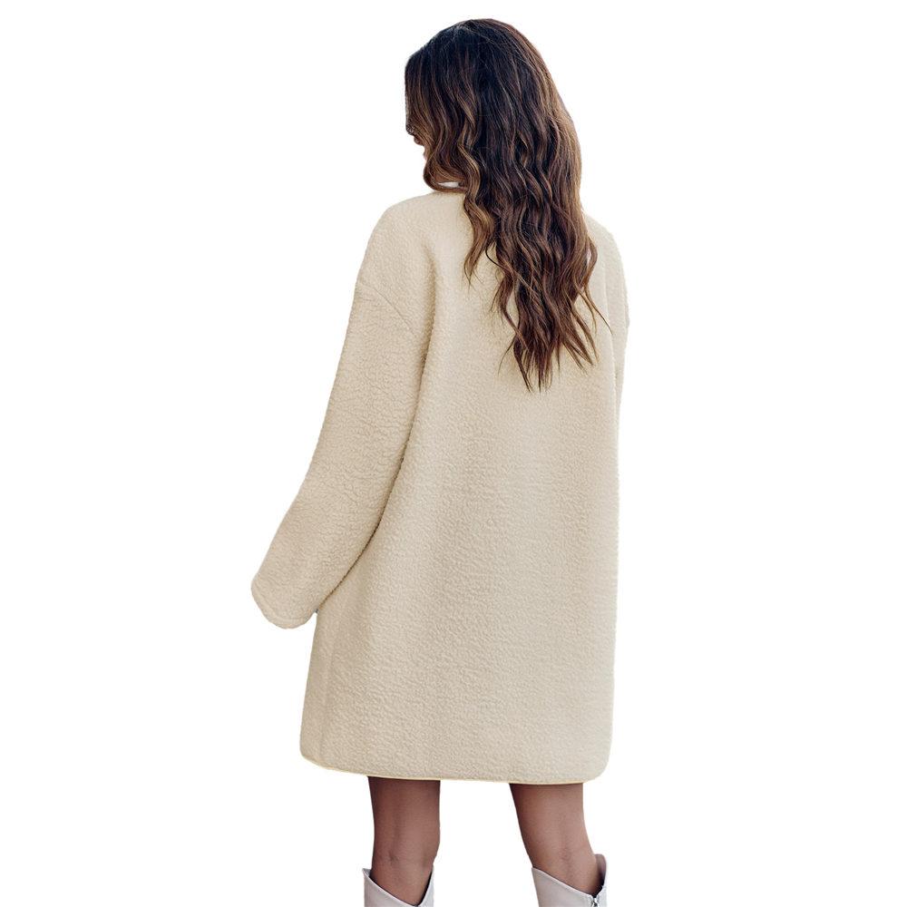 Women's Round Neck Coat Casual Fleece Coat Vintage Solid Color Long Sleeve Single Breasted for Office Party