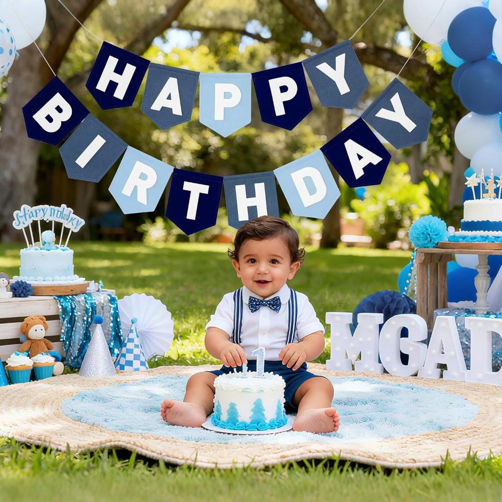 Happy Birthday Blue Felt Birthday Flag Baby Birthday Party Decoration Background Wall Banner Layout Supplies